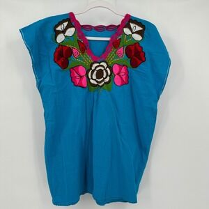 Womens Boho Embroidered Folk Top Size L Vibrant Floral Festival Artisan Tunic